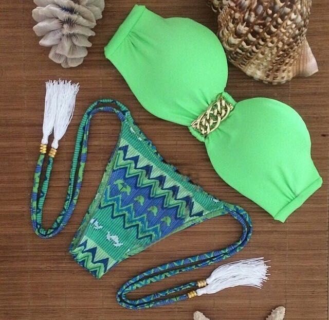 F4488 Green Bandeau Top and Tassel Tie Bottom Bikini